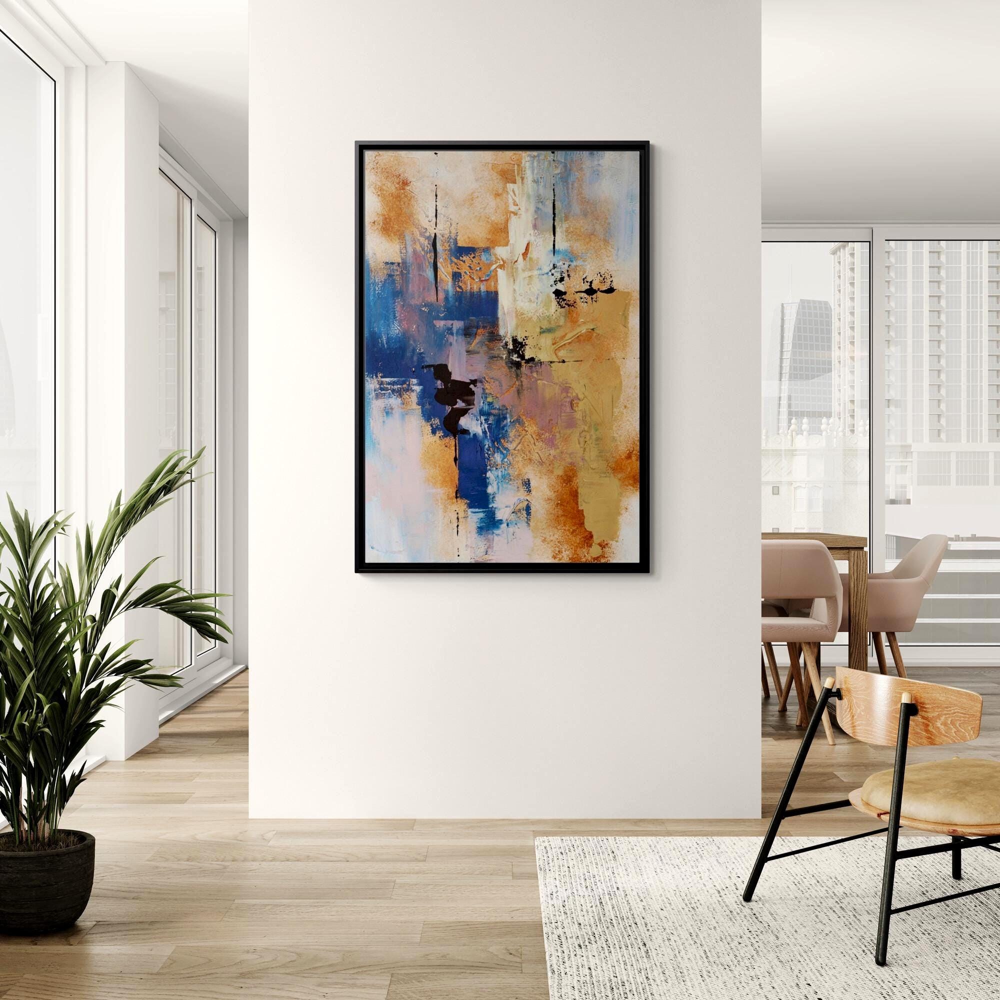 Burnt Orange and Blue Abstract Landscape Art - Framed Canvas Wall Art