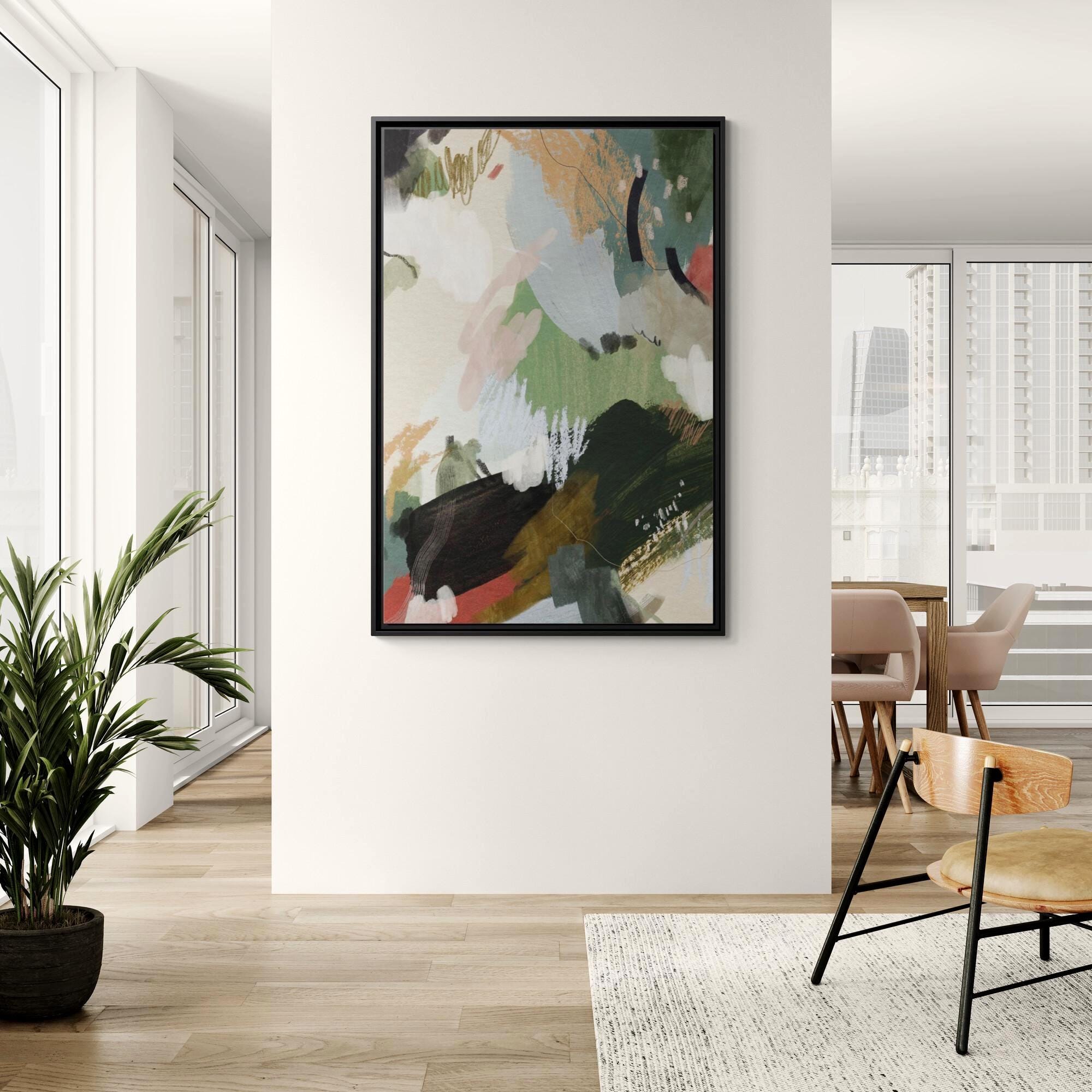 Green, Beige and Blush Abstract Brushstroke Art - Framed Canvas Wall Art