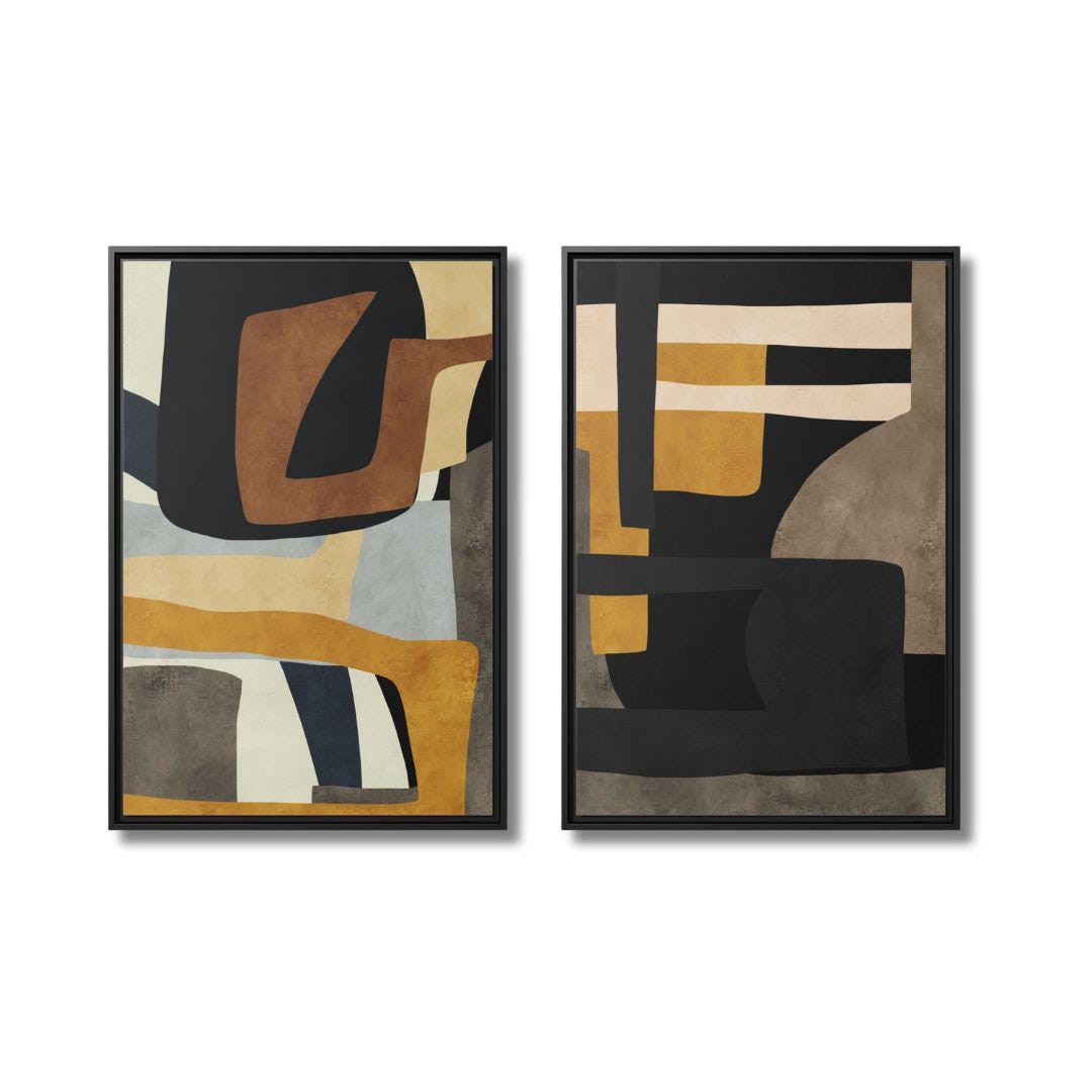 Diptych Senf, Blau und Grau Geometrische Kunst – Gerahmte Leinwandbilder – 2er-Set