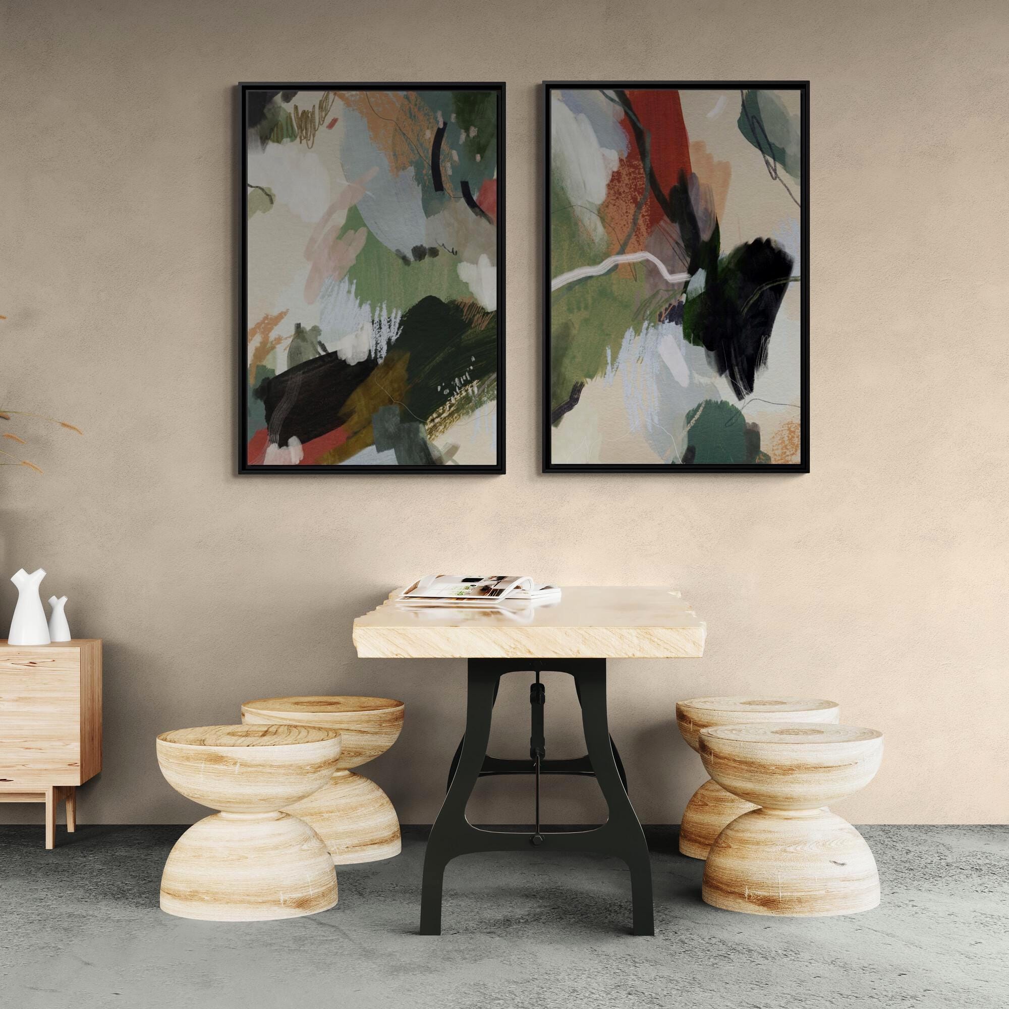 Diptych Green, Beige, Blush Brushstrokes Abstract Art - Framed Canvas Wall Art - Set of 2