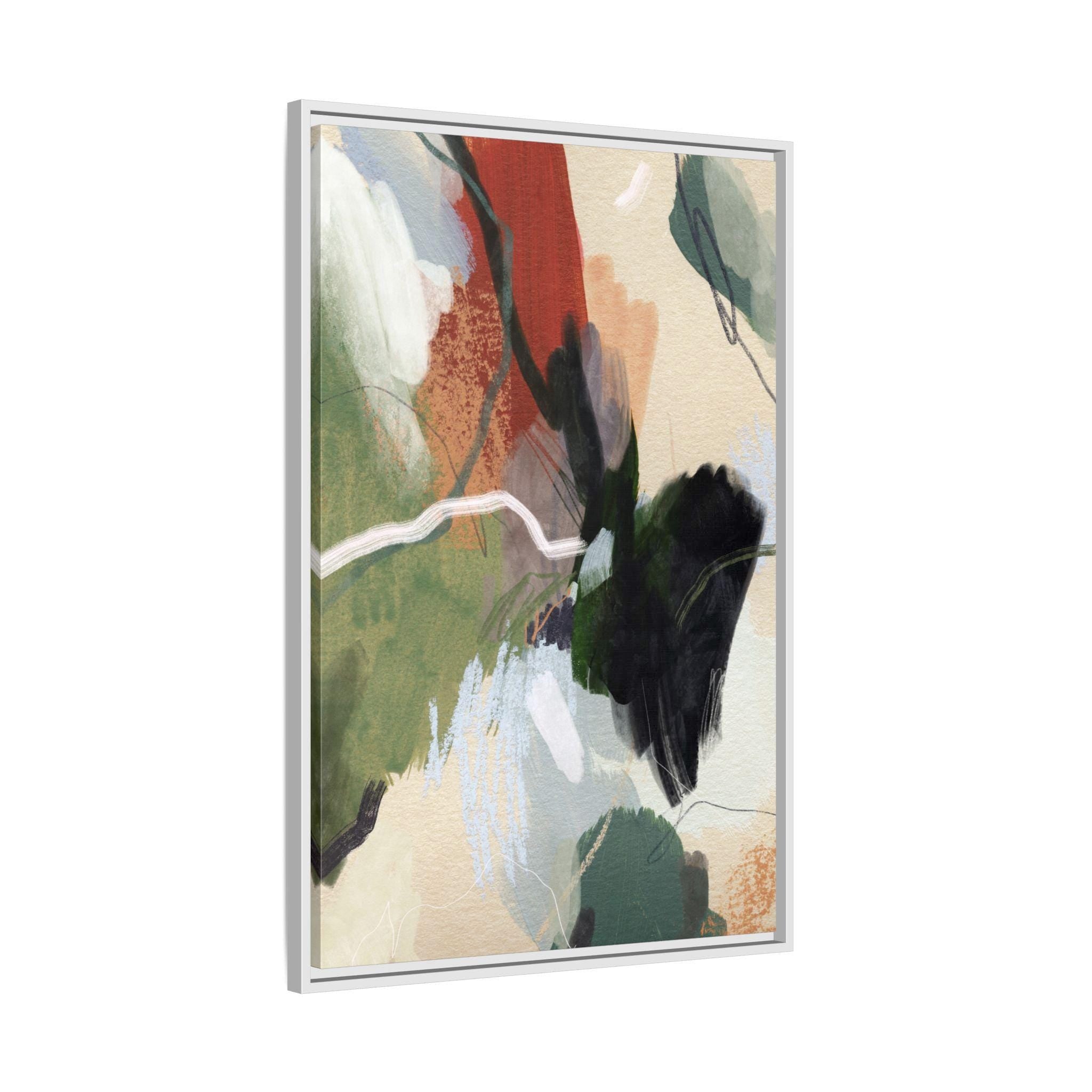 Green, Beige and Rust Abstract Brushstroke Art - Framed Canvas Wall Art