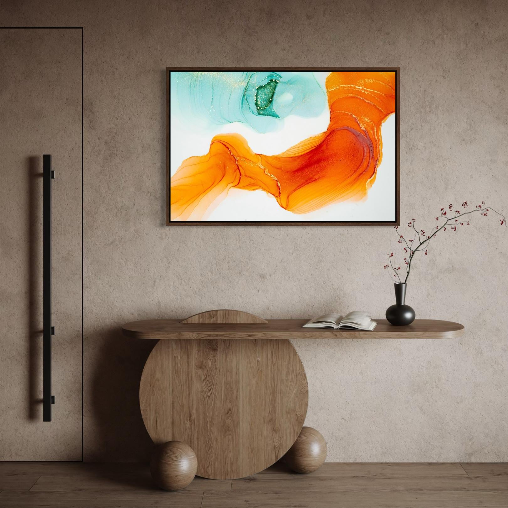Orange and Teal Abstract Ink Flow - Framed Canvas Wall Art