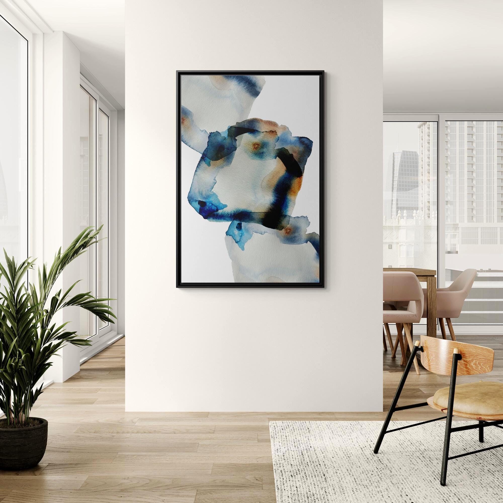 Abstrakte Kunst in Blau-Braun mit Tuschewaschung – Stil B – Gerahmte Leinwand-Wandkunst