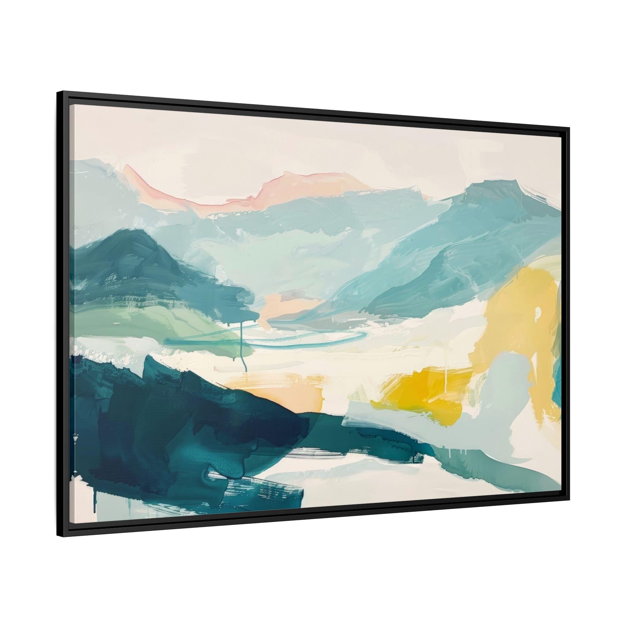Blue, Teal, and Yellow Abstract Landscape Art - Framed Canvas Wall Art