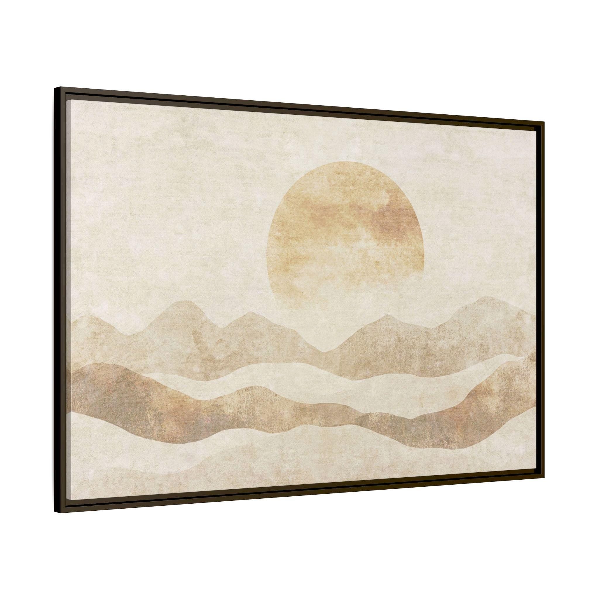 Neutral Abstract Sun Over Layered Hills - Framed Canvas Wall Art