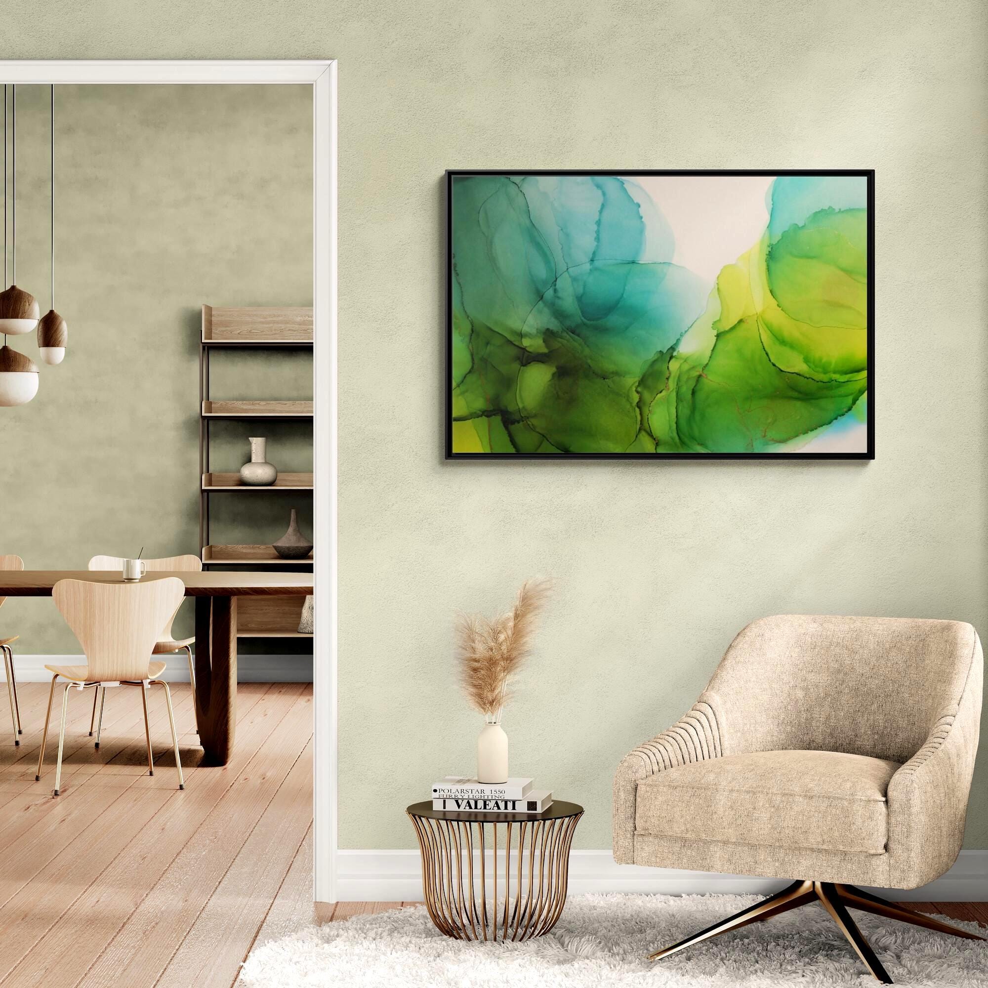 Green and Teal Abstract Ink Art - Framed Canvas Wall Art