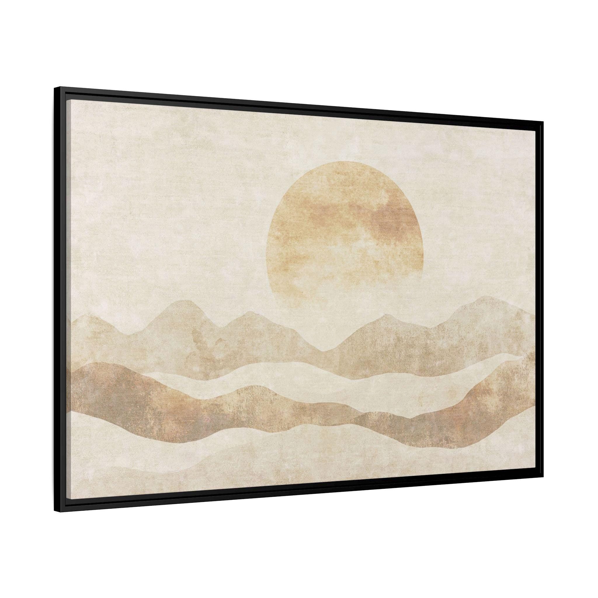 Neutral Abstract Sun Over Layered Hills - Framed Canvas Wall Art