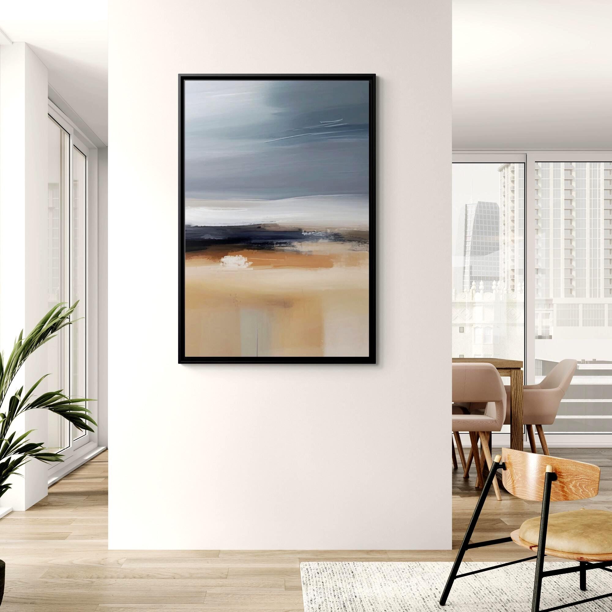 Blue and Beige Coastal Landscape Abstract Art – Framed Canvas Wall Art