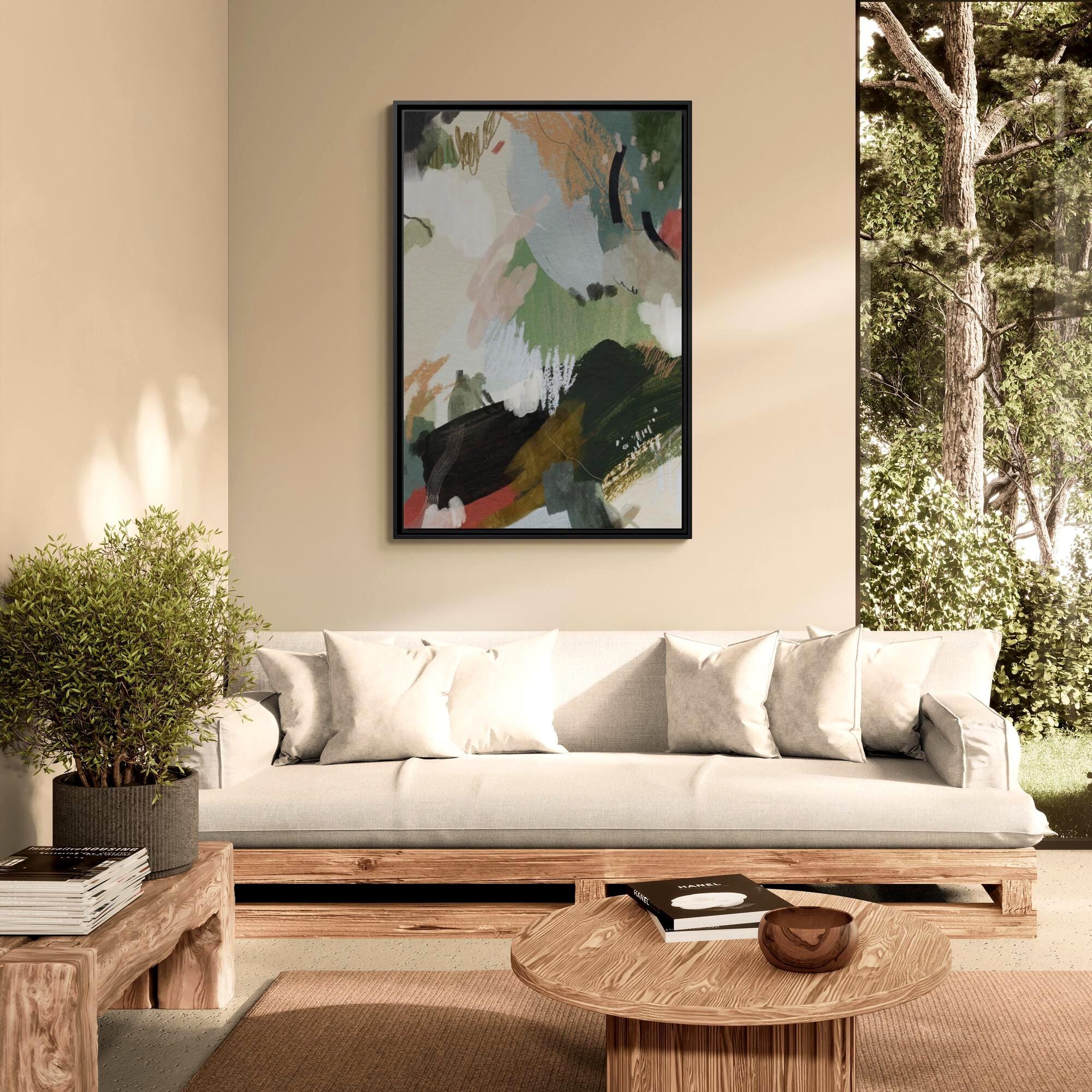 Green, Beige and Blush Abstract Brushstroke Art - Framed Canvas Wall Art