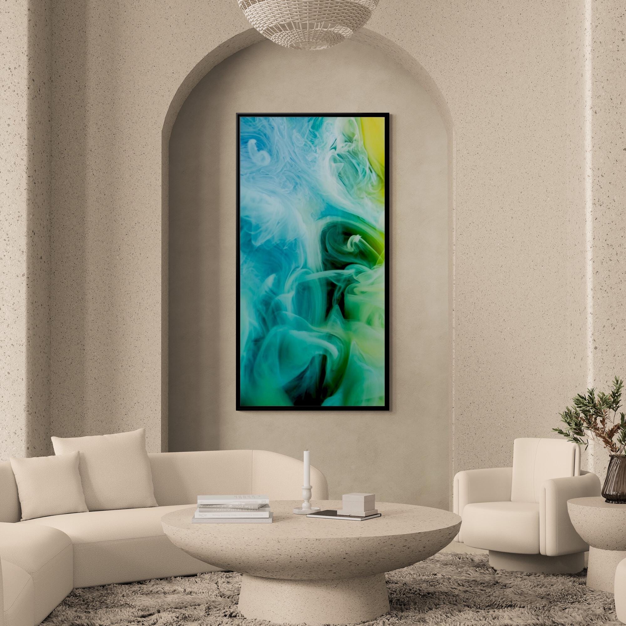 Teal and Green Smoke Abstract Framed Canvas Wall Art