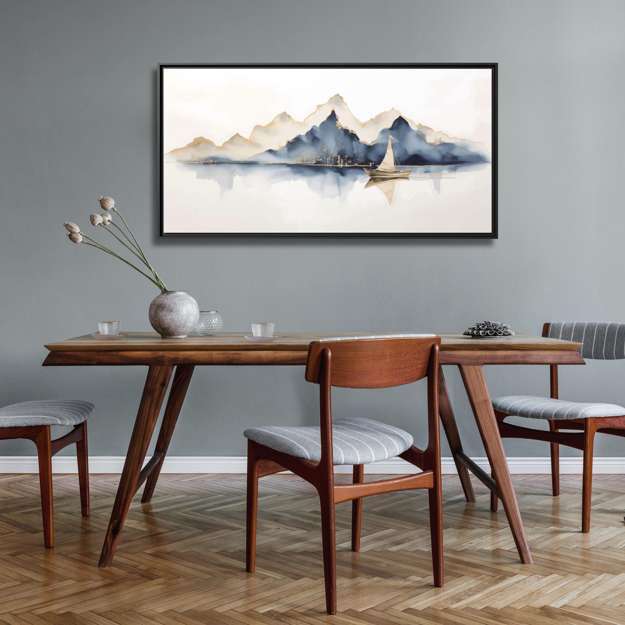 Mountains and Sailboat Watercolor Art - Framed Canvas Wall Art