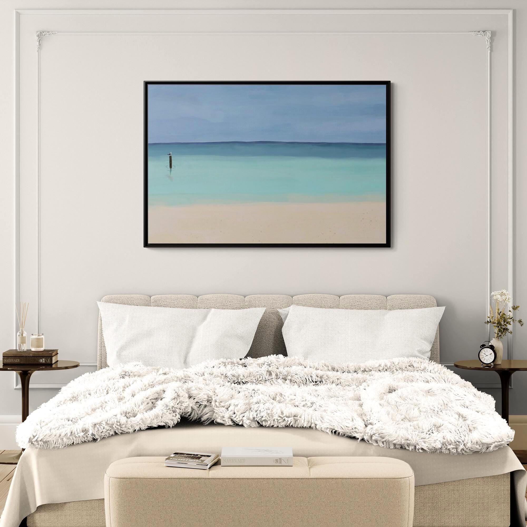 Calm Aqua Seaside Beach Painting - Framed Canvas Wall Art