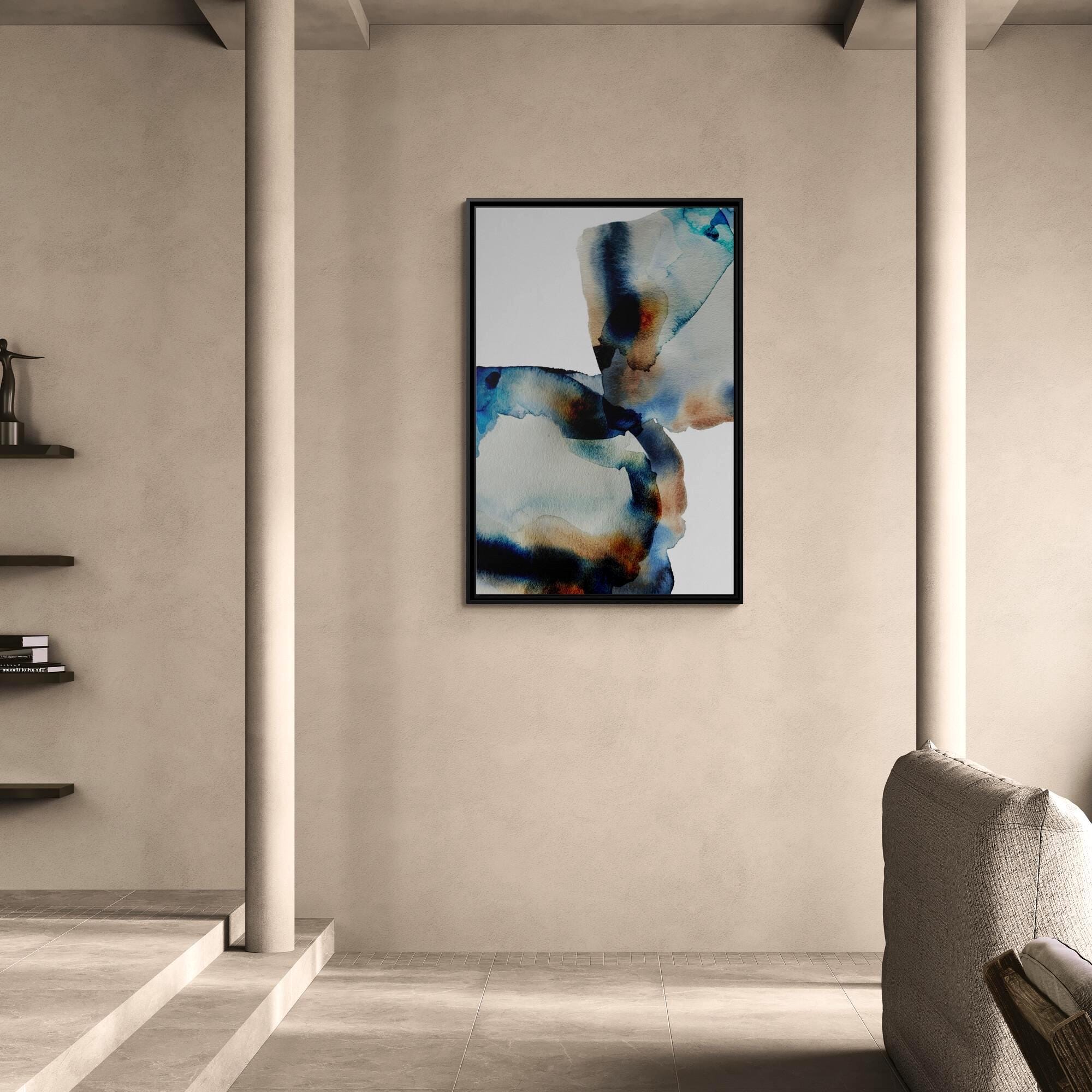 Abstrakte blaue braune Tuschemalerei – Stil A – Gerahmte Leinwand-Wandkunst