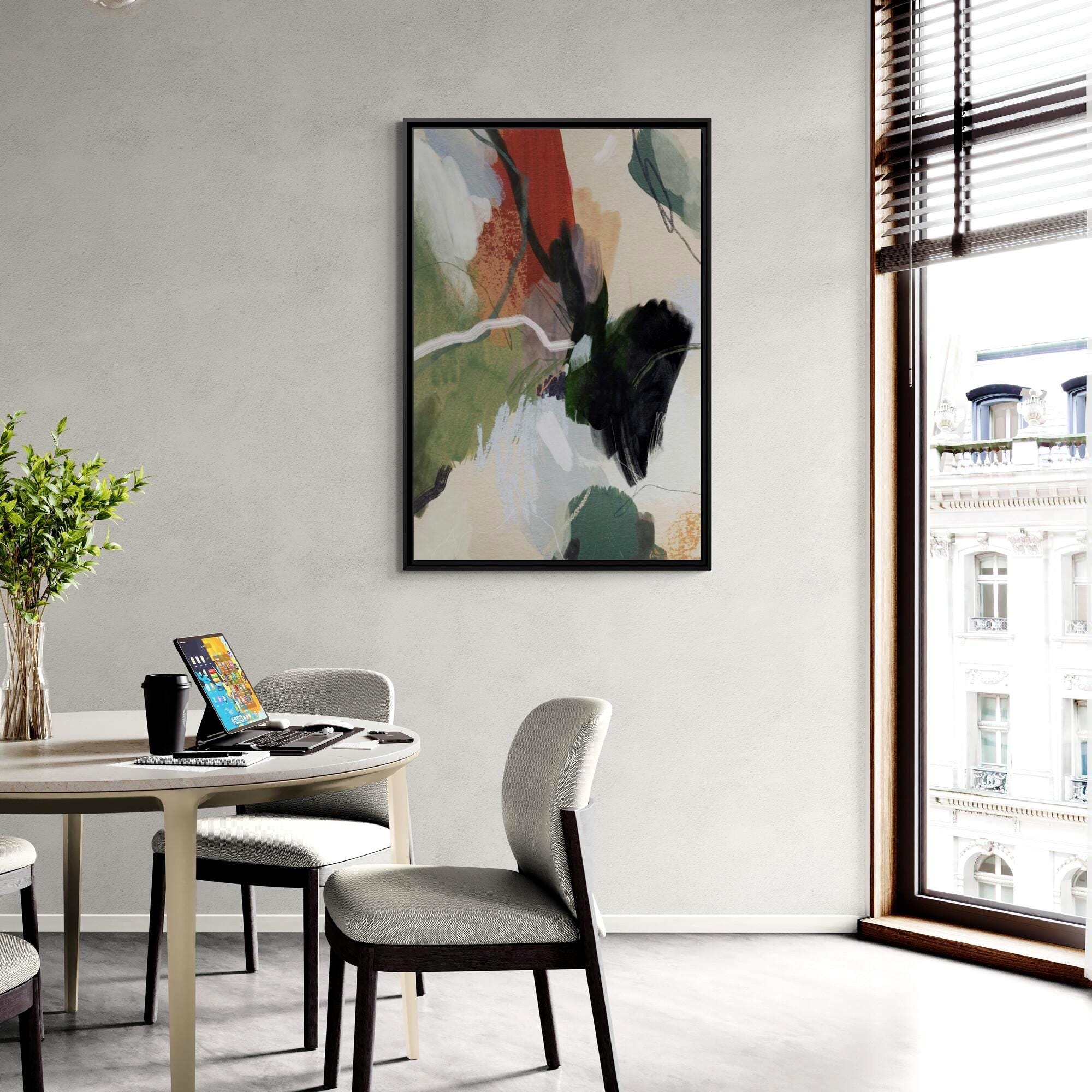 Green, Beige and Rust Abstract Brushstroke Art - Framed Canvas Wall Art