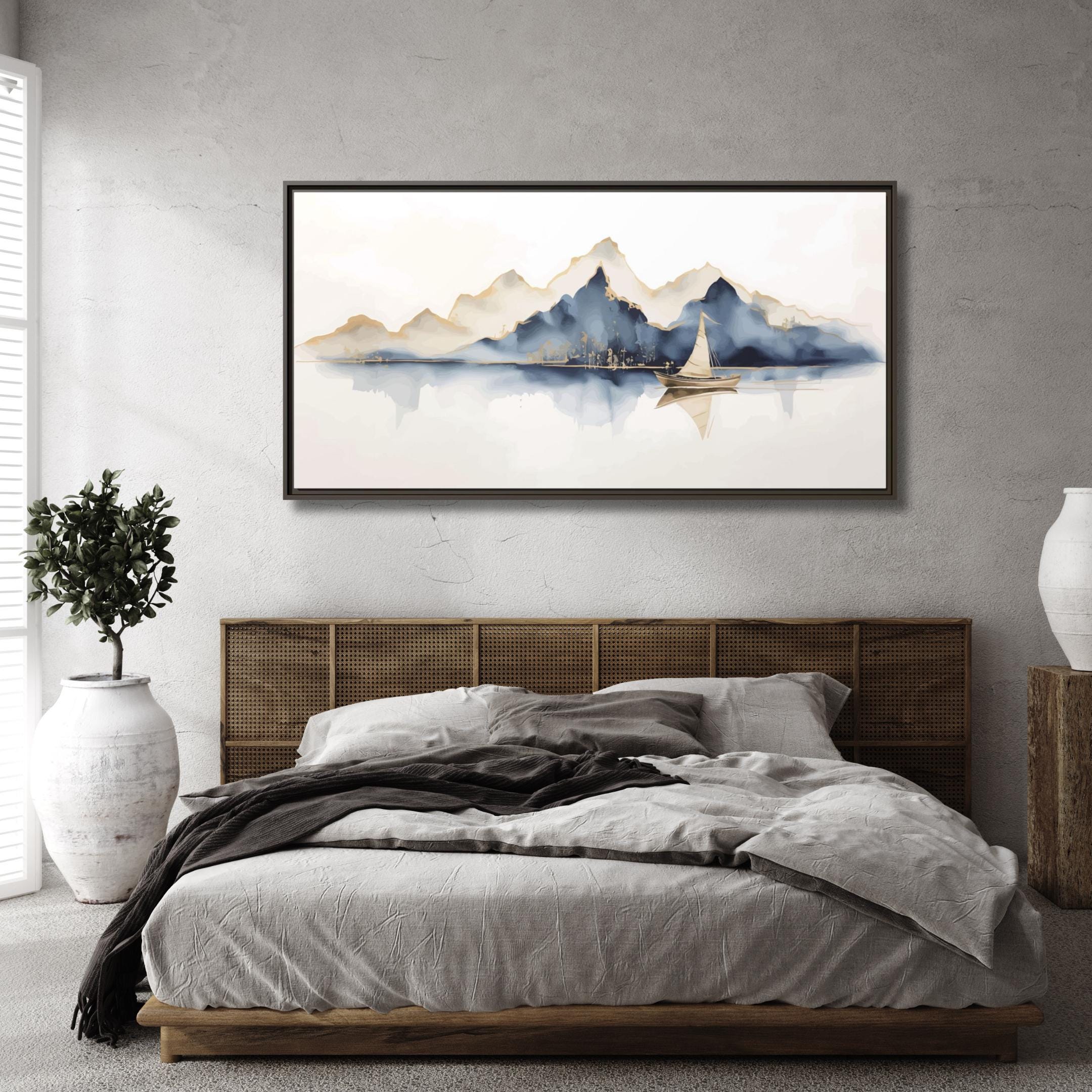 Mountains and Sailboat Watercolor Art - Framed Canvas Wall Art