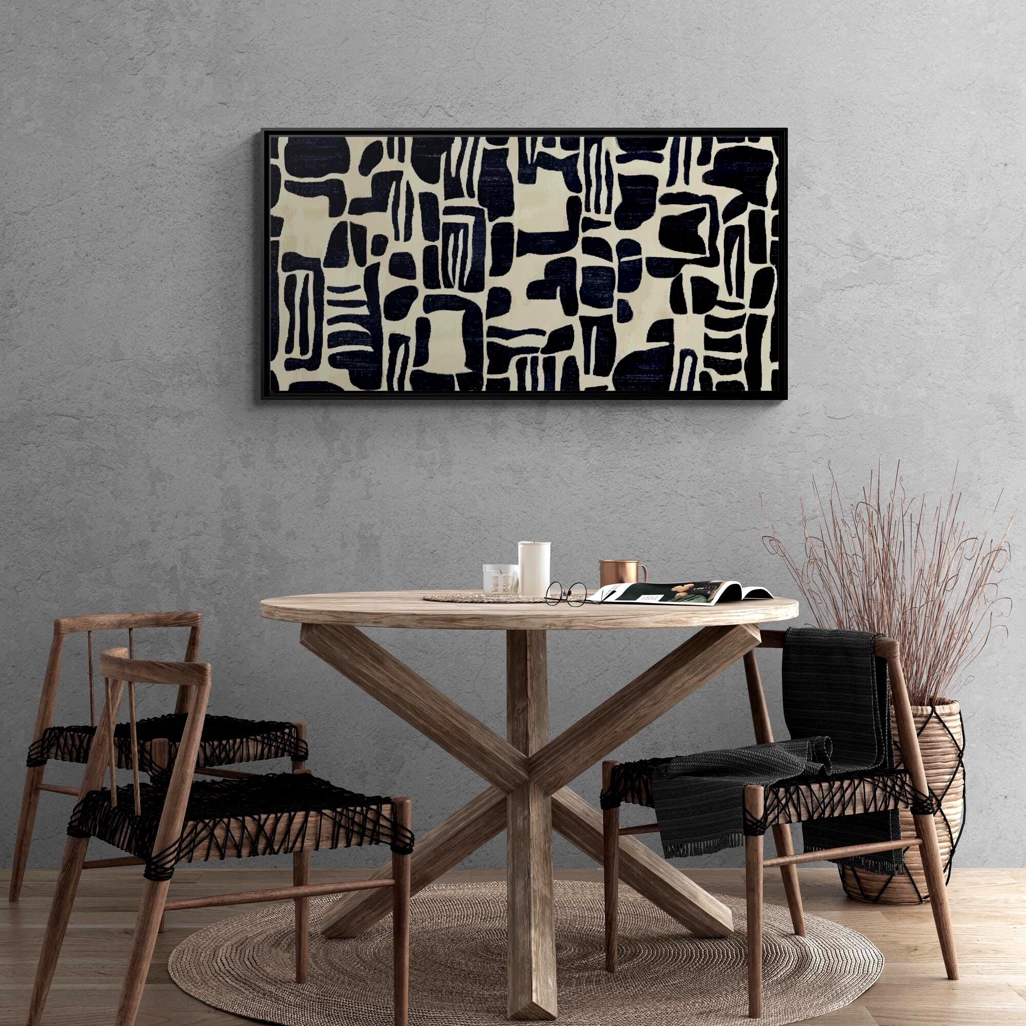 Zeitgenössisches abstraktes Muster in Indigo und Elfenbein – gerahmte Leinwand-Wandkunst