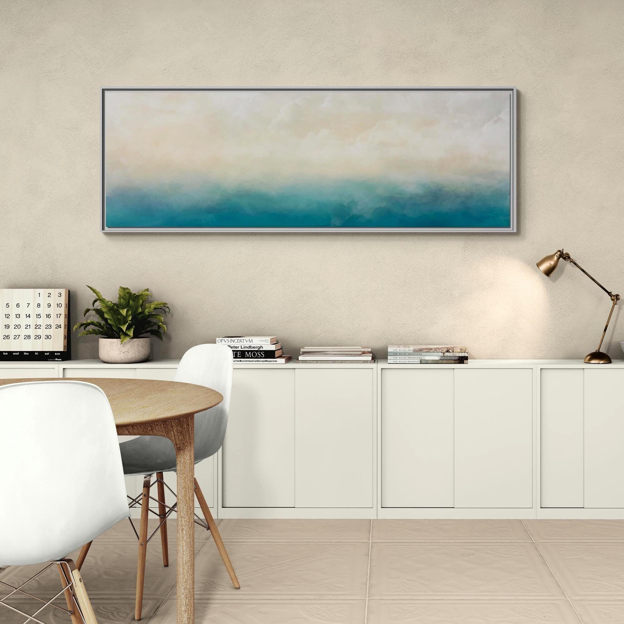 Abstrakte Wandkunst auf Leinwand in Petrol und Ozeanblau – Gerahmt