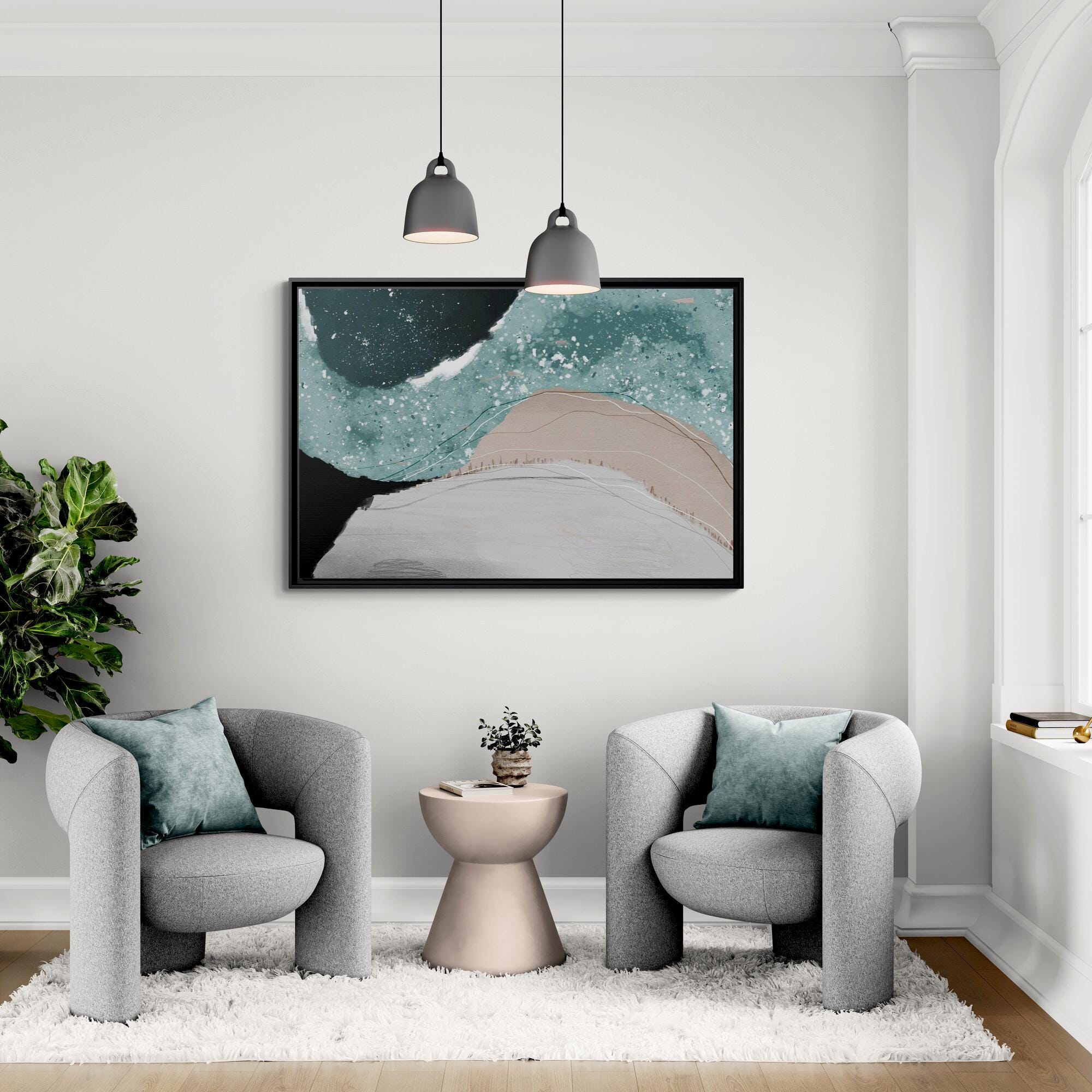 Abstract Teal Waves Framed Canvas Wall Art