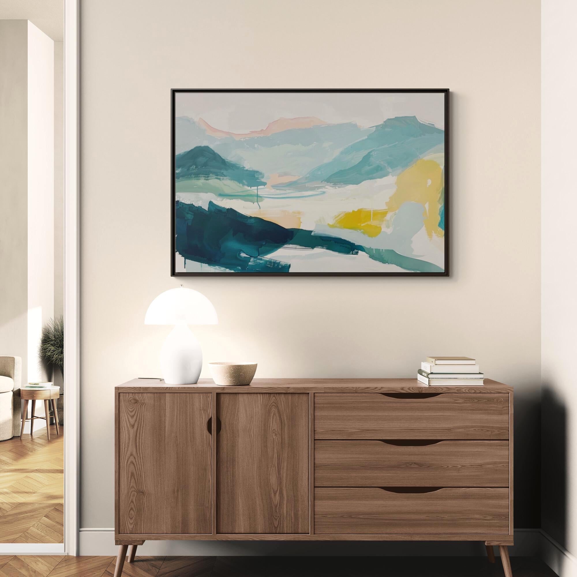 Blue, Teal, and Yellow Abstract Landscape Art - Framed Canvas Wall Art