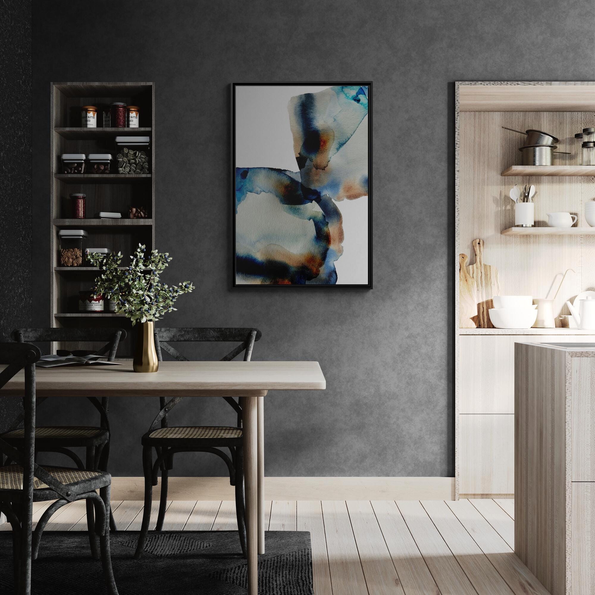 Abstrakte blaue braune Tuschemalerei – Stil A – Gerahmte Leinwand-Wandkunst