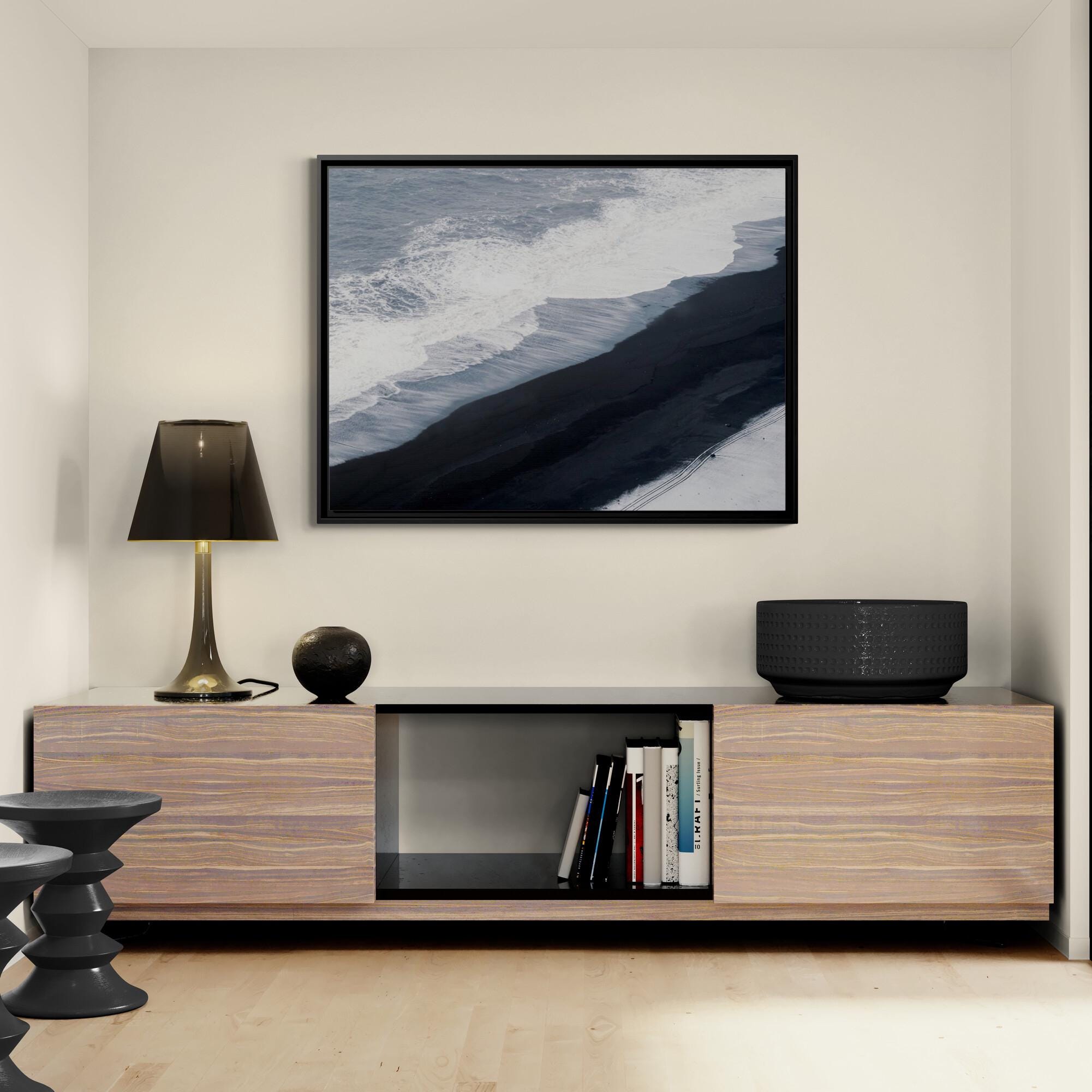 Aerial Black Sand Beach – Framed Canvas Wall Art