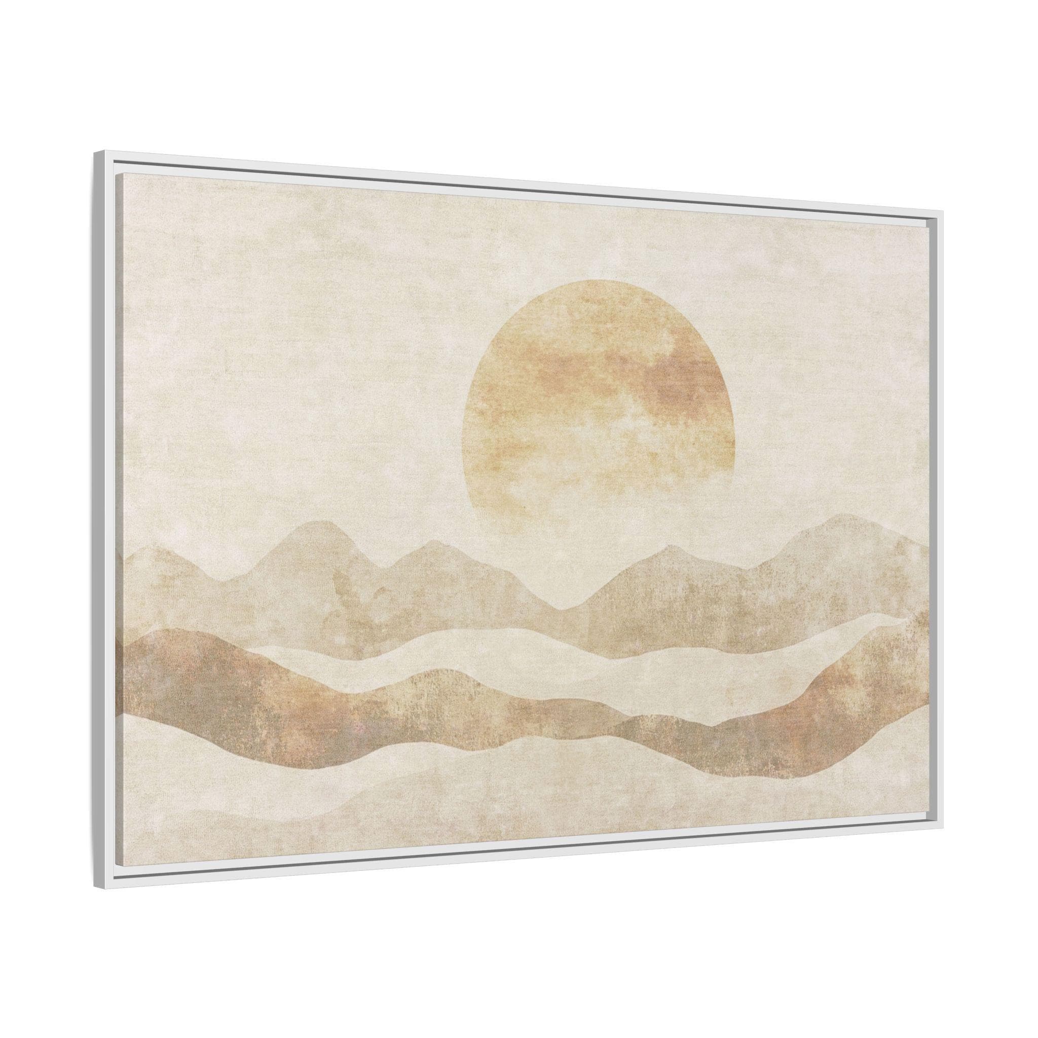 Neutral Abstract Sun Over Layered Hills - Framed Canvas Wall Art