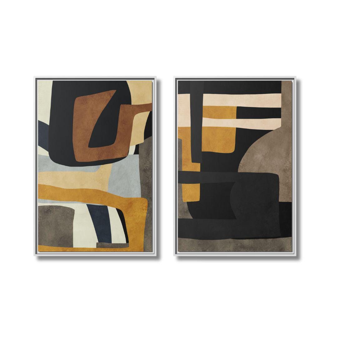 Diptych Senf, Blau und Grau Geometrische Kunst – Gerahmte Leinwandbilder – 2er-Set