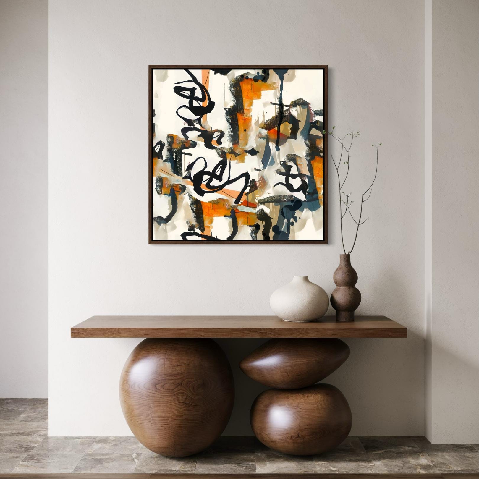 Abstrakte Komposition aus orangen, blauen und beigefarbenen Pinselstrichen – gerahmte Leinwand-Wandkunst