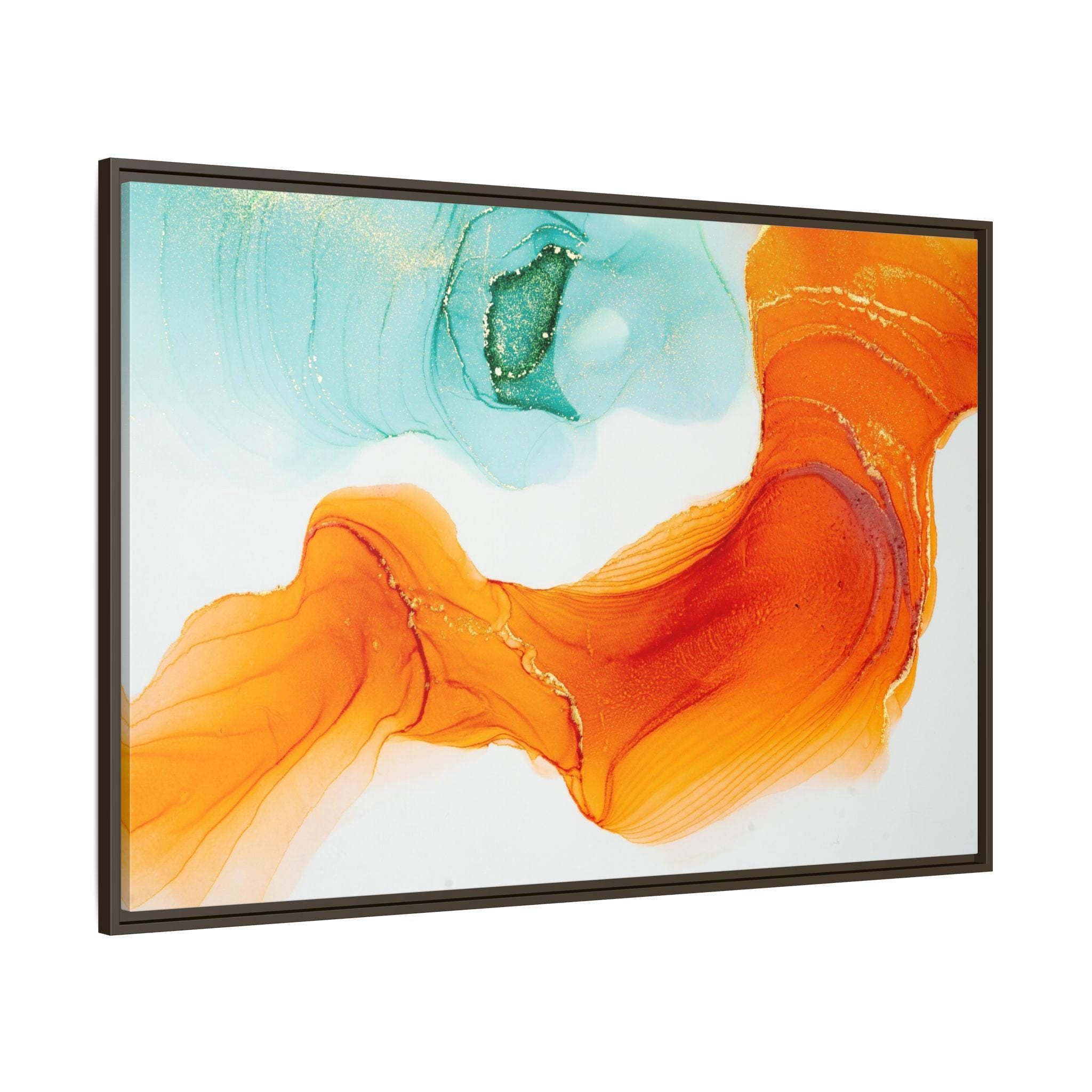 Orange and Teal Abstract Ink Flow - Framed Canvas Wall Art