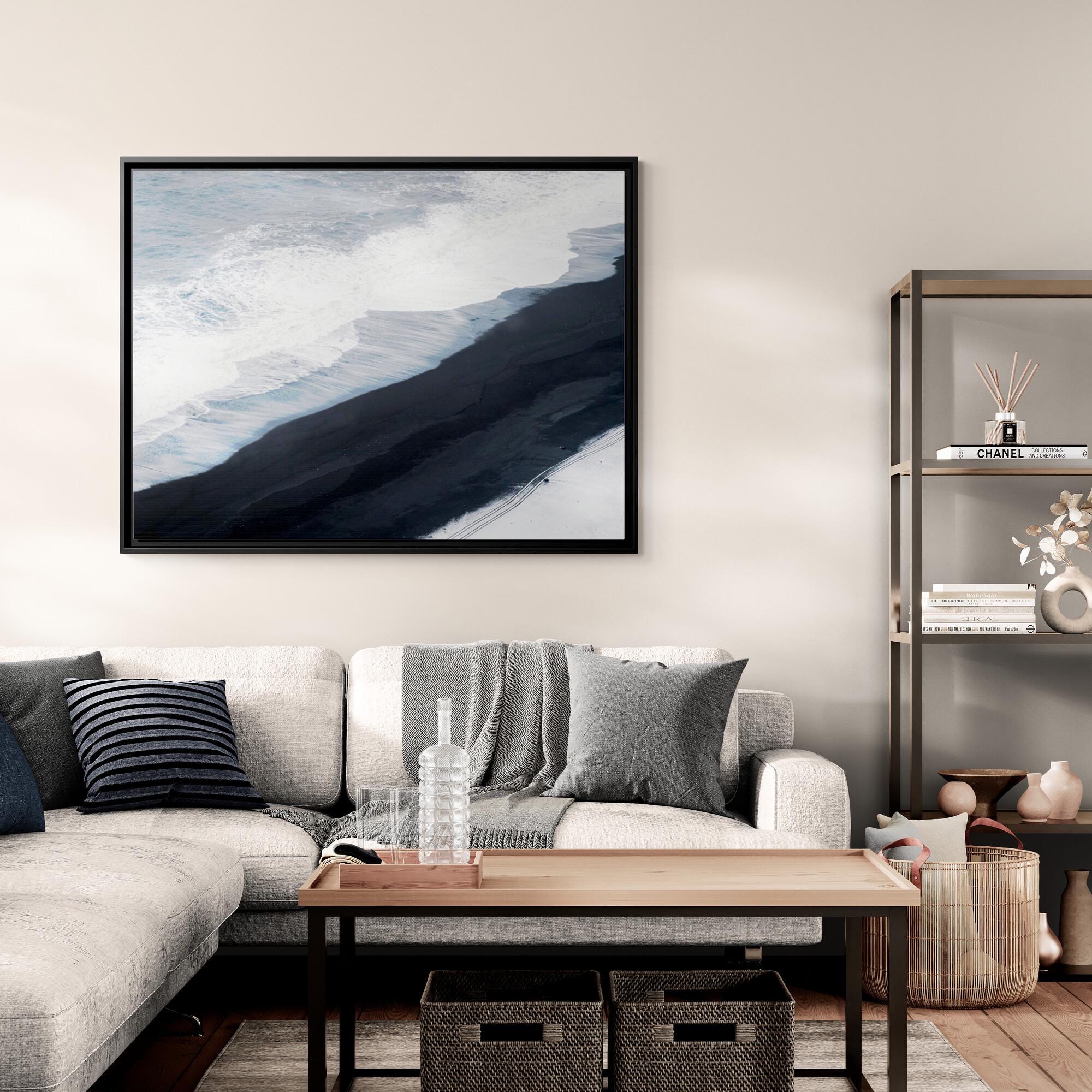 Aerial Black Sand Beach – Framed Canvas Wall Art