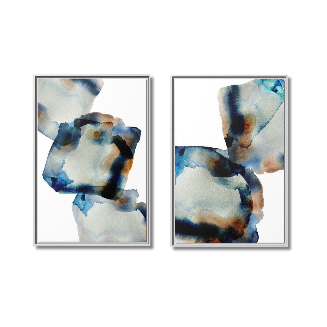Zweiteiliges Abstraktes Kunstwerk in Blau und Braun – Gerahmte Leinwandbilder – 2er-Set