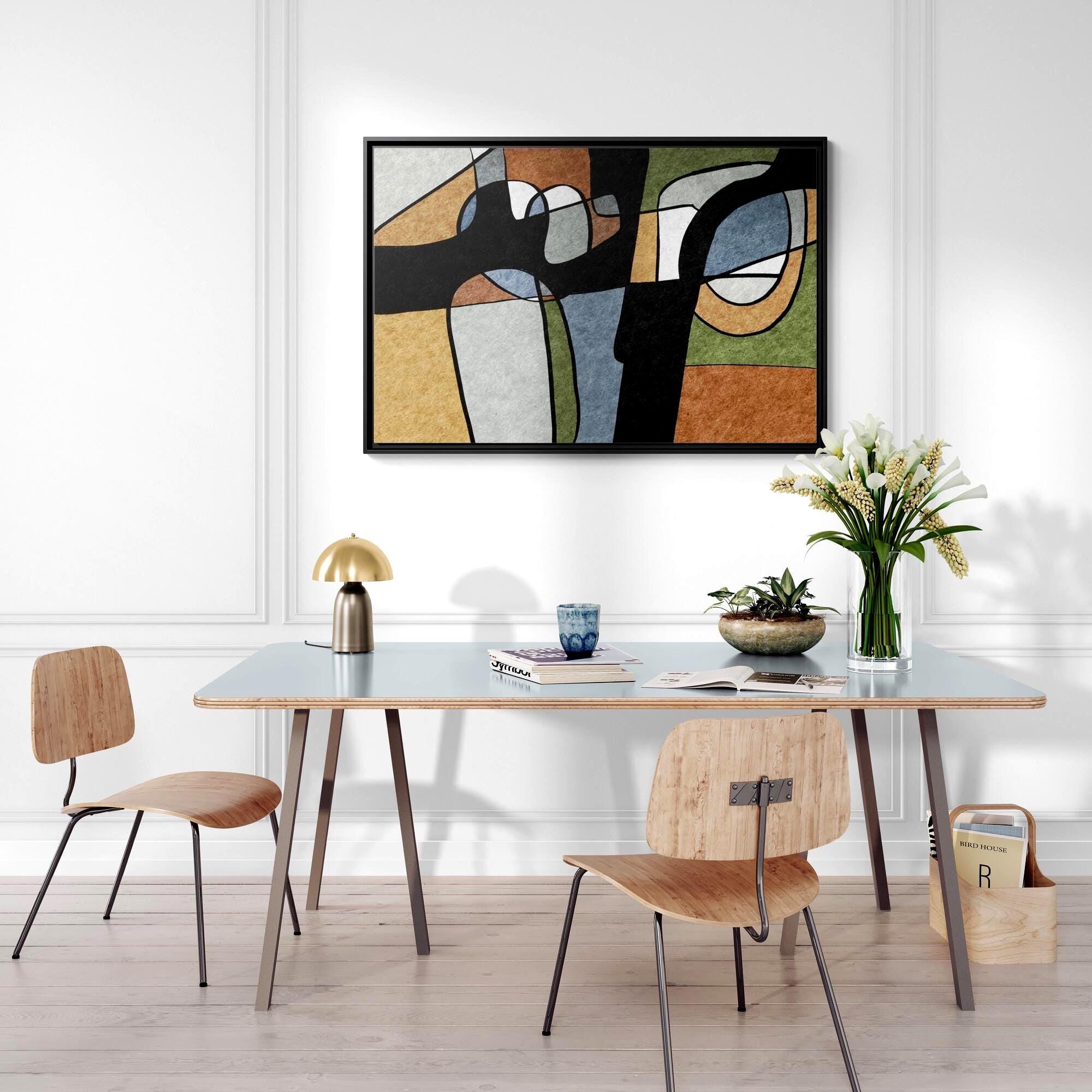 Abstrakte Geometrische Linienkunst – Farbblöcke im Mid-Century-Stil – Gerahmtes Leinwandbild