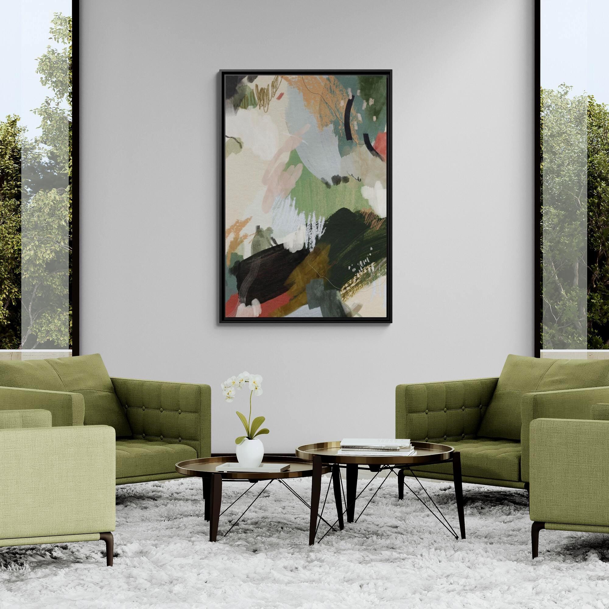 Grün, Beige und Rouge Abstraktes Pinselstrich-Kunstwerk – Gerahmte Leinwand-Wandkunst