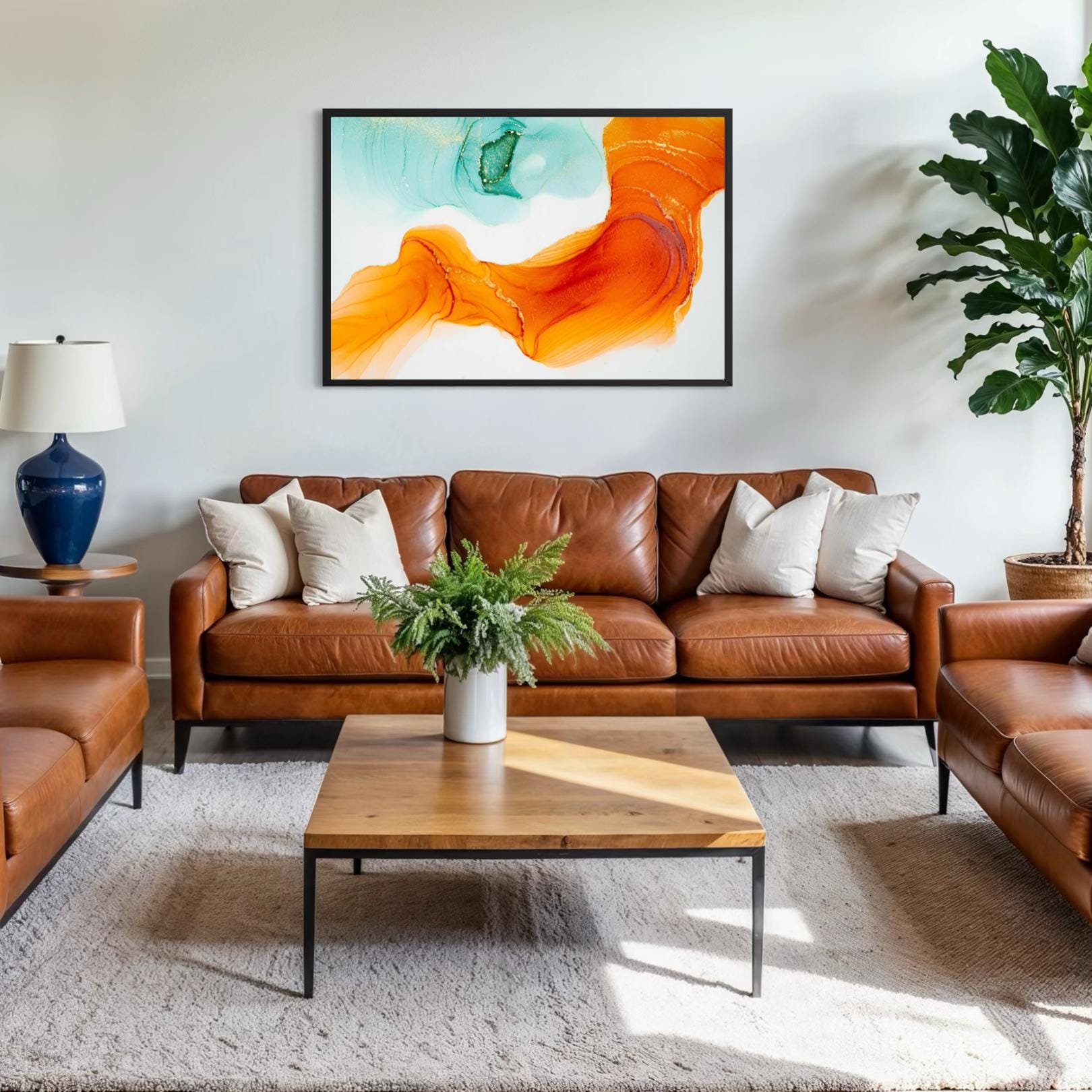 Orange and Teal Abstract Ink Flow - Framed Canvas Wall Art
