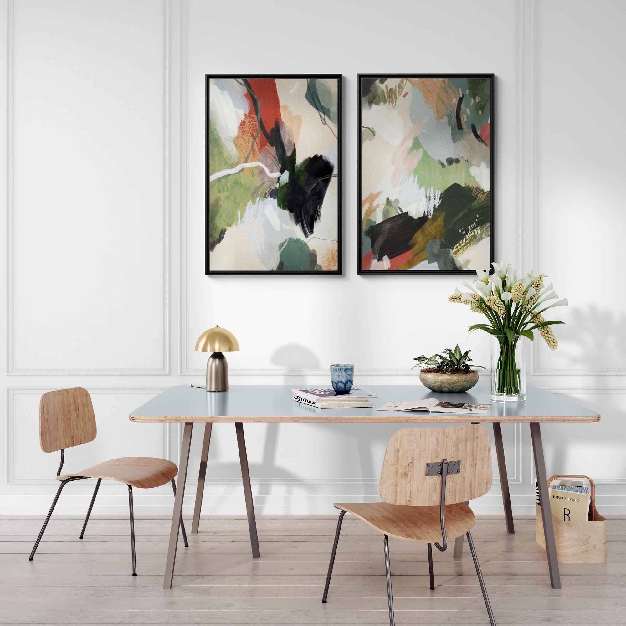 Diptych Green, Beige, Blush Brushstrokes Abstract Art - Framed Canvas Wall Art - Set of 2
