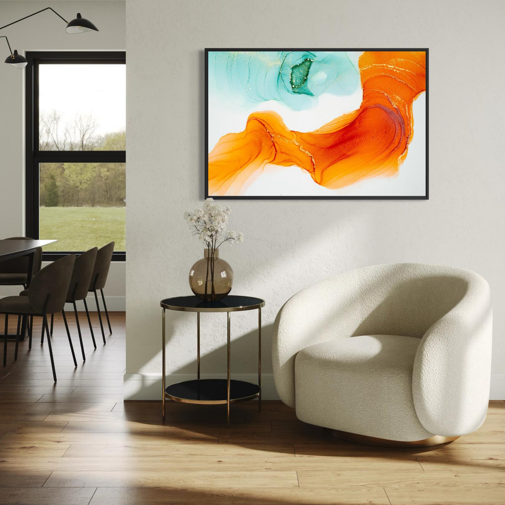 Orange and Teal Abstract Ink Flow - Framed Canvas Wall Art