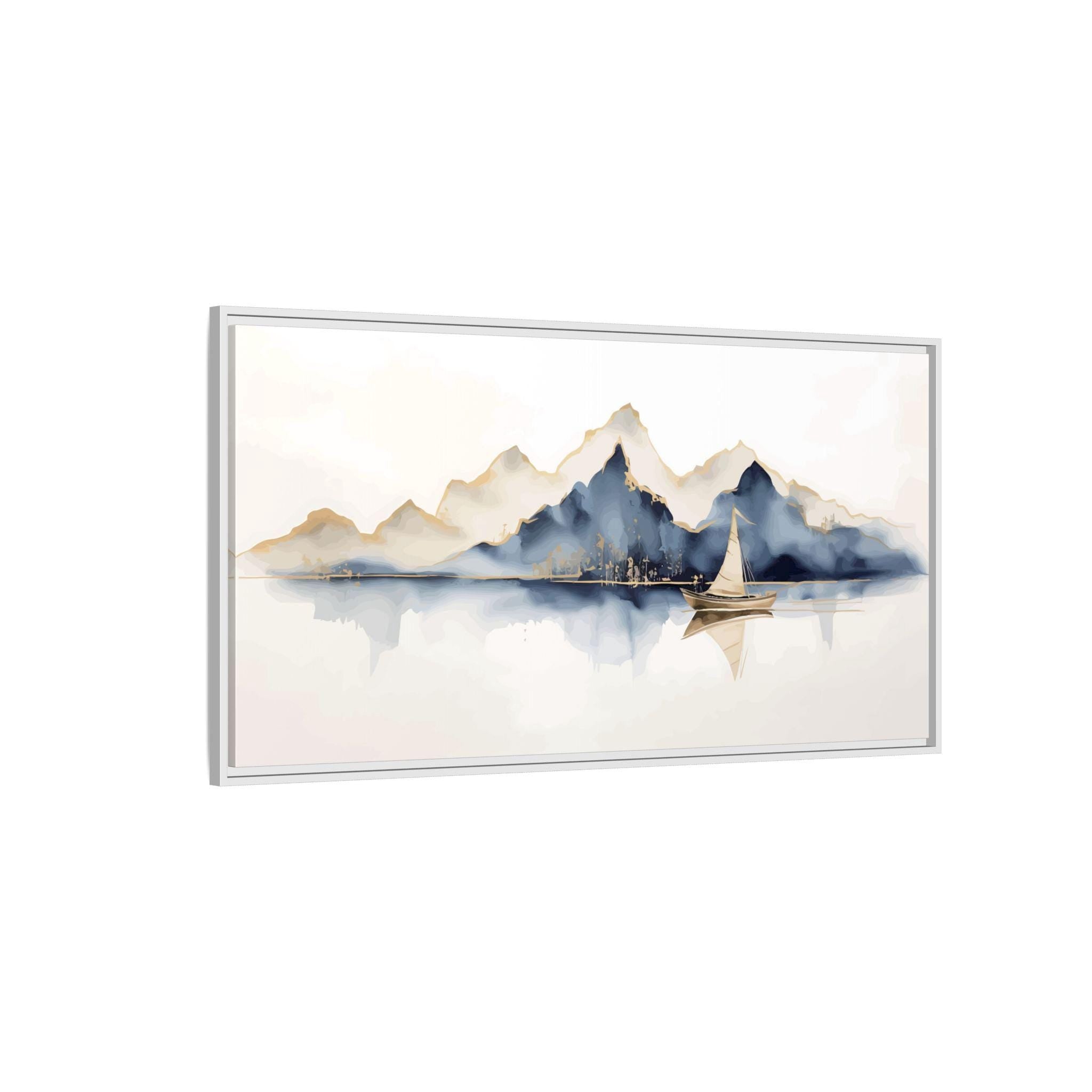 Mountains and Sailboat Watercolor Art - Framed Canvas Wall Art