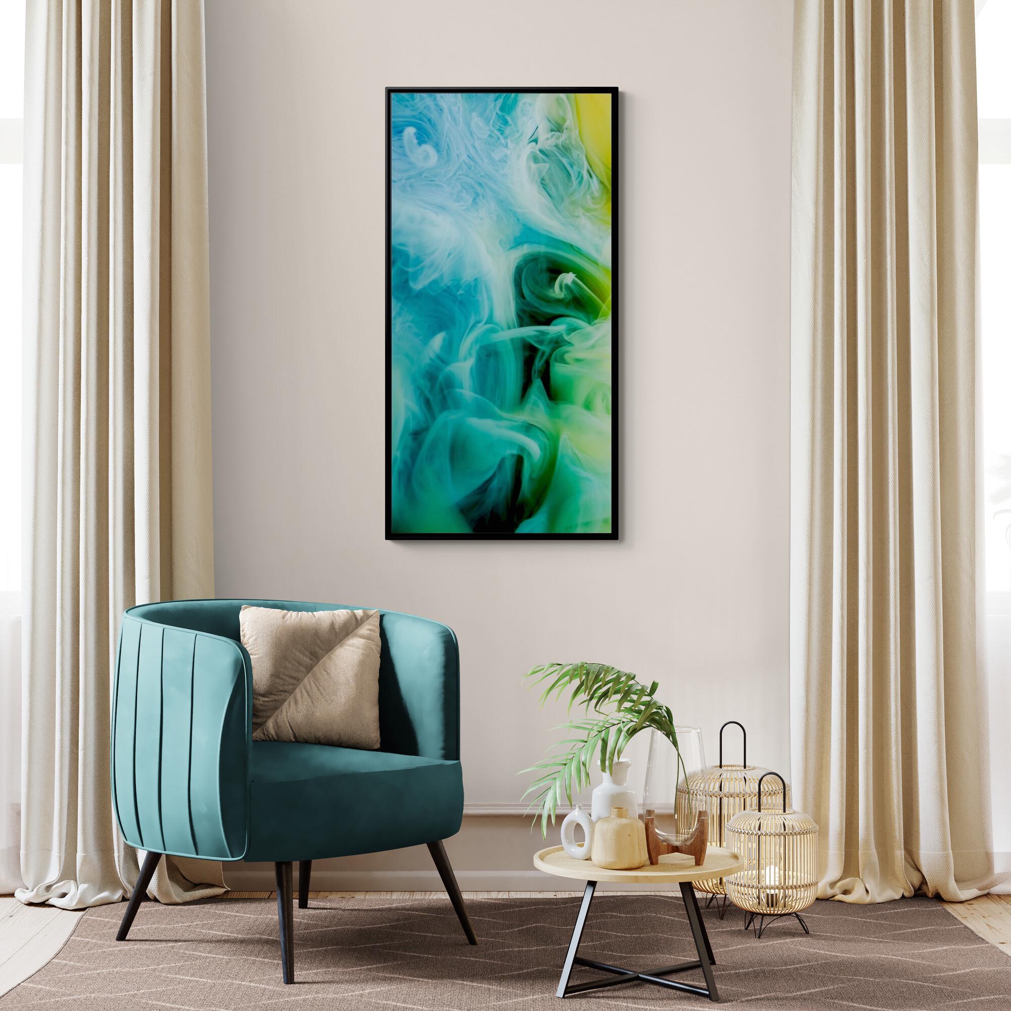 Teal and Green Smoke Abstract Framed Canvas Wall Art