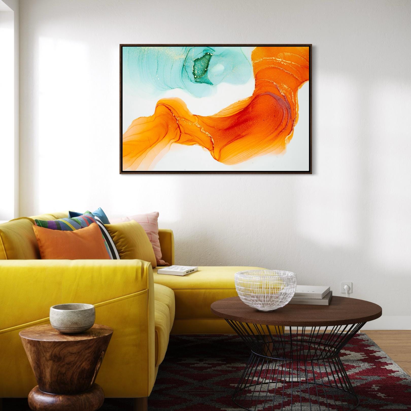 Orange and Teal Abstract Ink Flow - Framed Canvas Wall Art