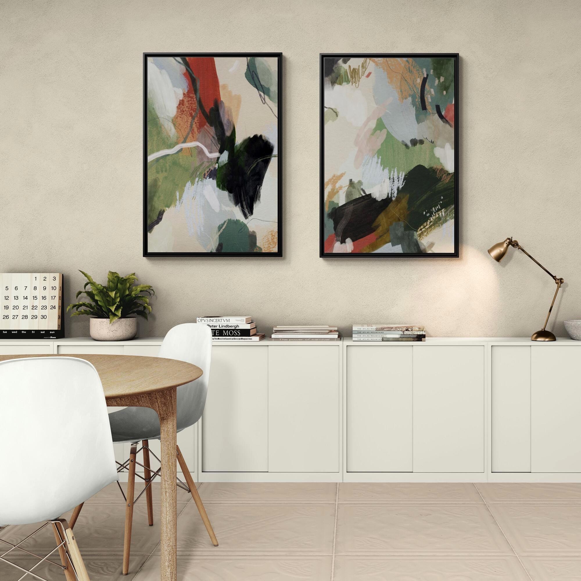 Diptych Green, Beige, Blush Brushstrokes Abstract Art - Framed Canvas Wall Art - Set of 2