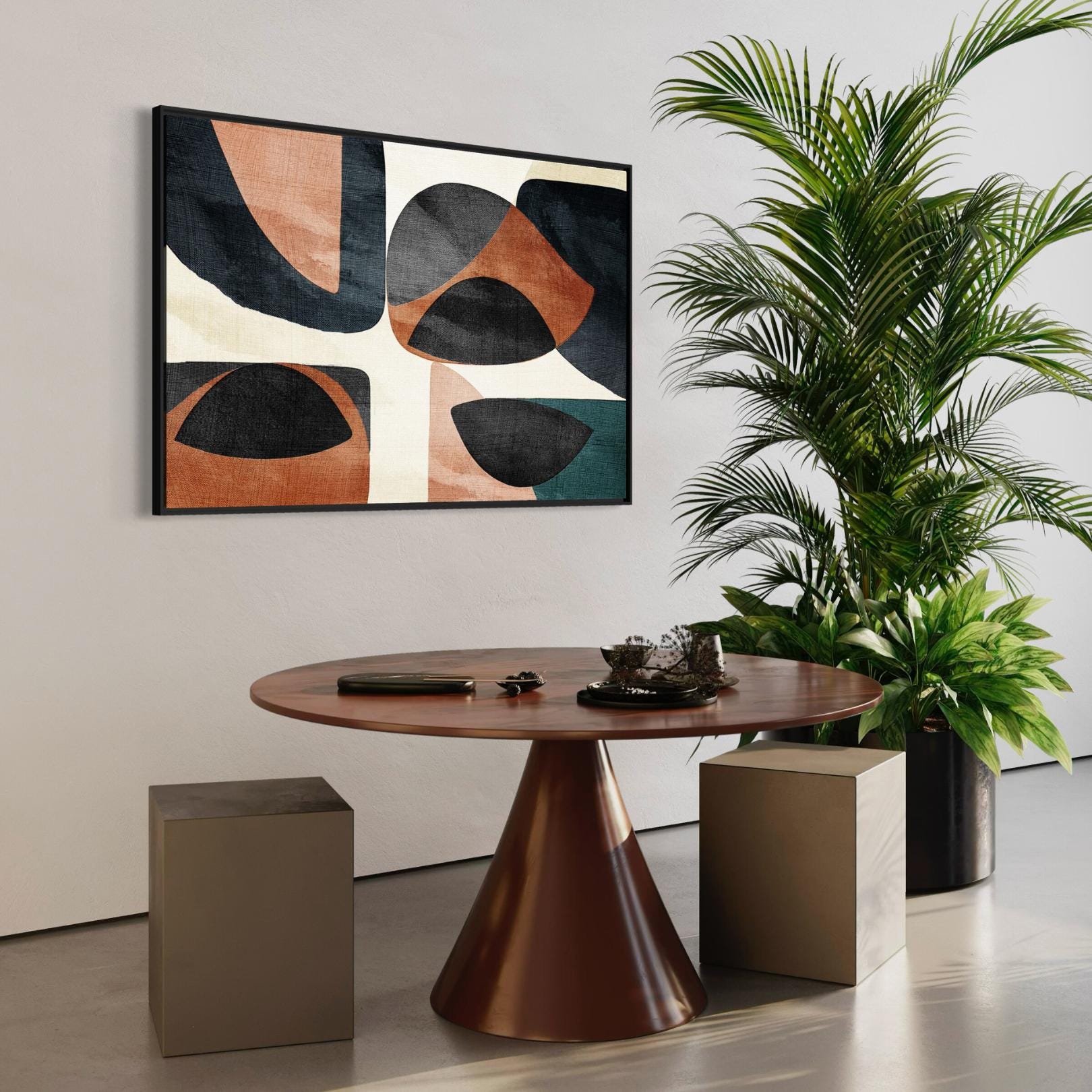 Abstrakte Mid-Century Formen – Gerahmte Leinwand-Wandkunst