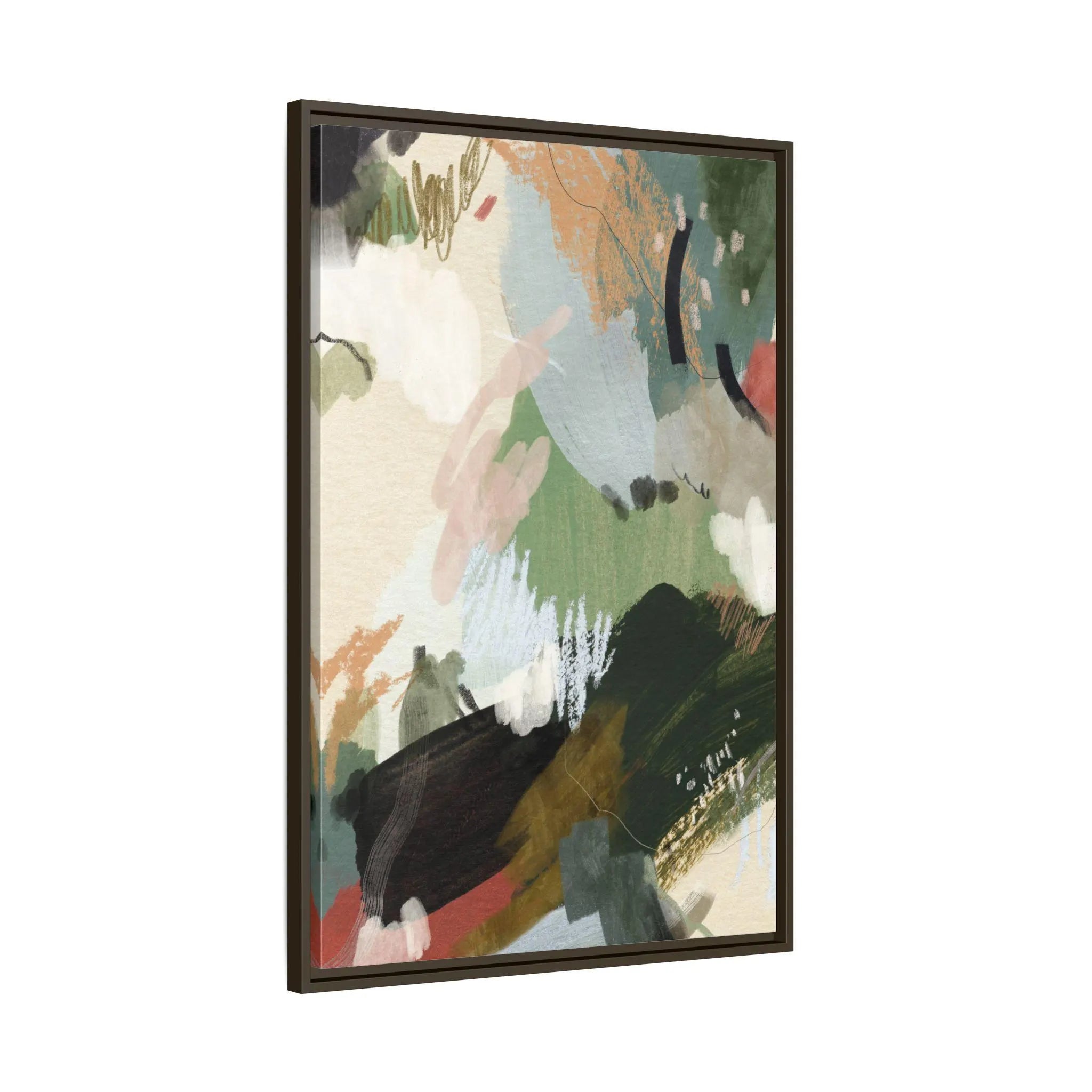 Green, Beige and Blush Abstract Brushstroke Art - Framed Canvas Wall Art