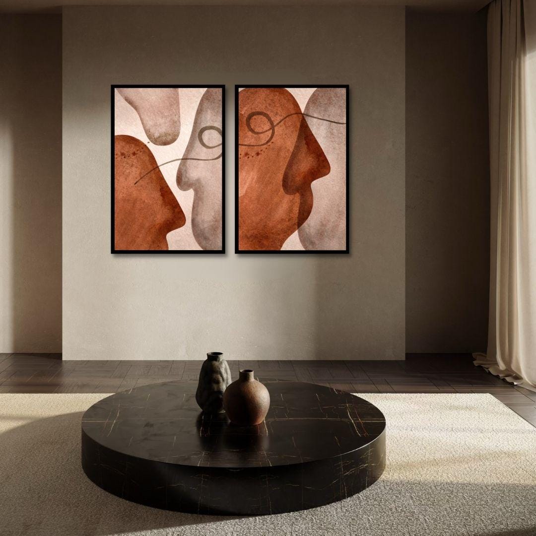 Diptych Mid Century Abstract Faces Wall Art - Set of 2