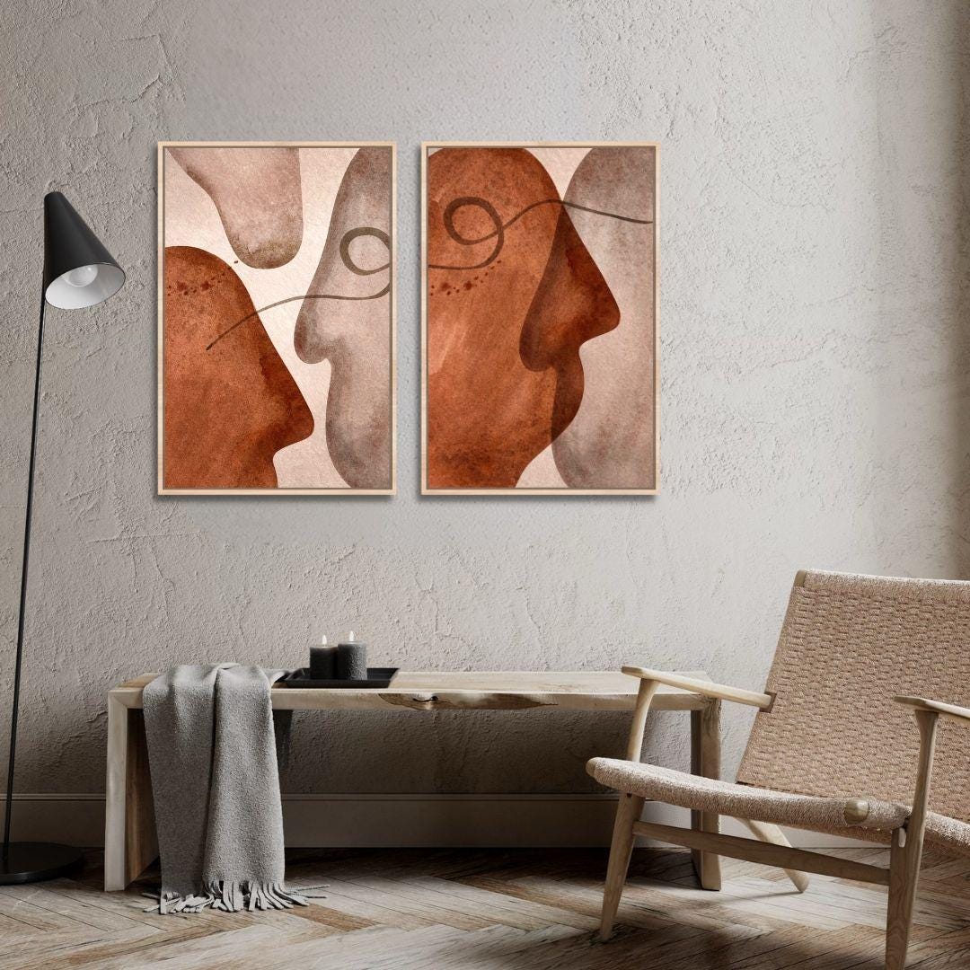 Diptych Mid Century Abstract Faces Wall Art - Set of 2