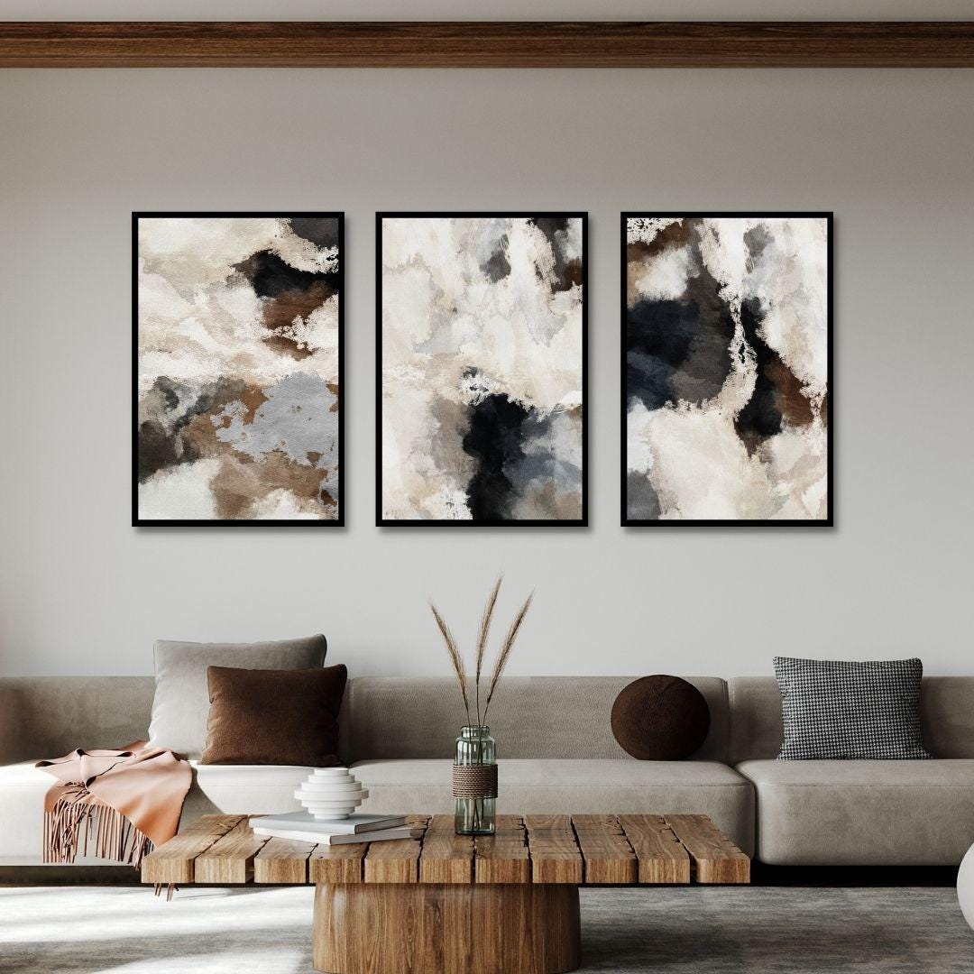 Triptych Neutral Abstract Watercolor Wall Art - Set of 3