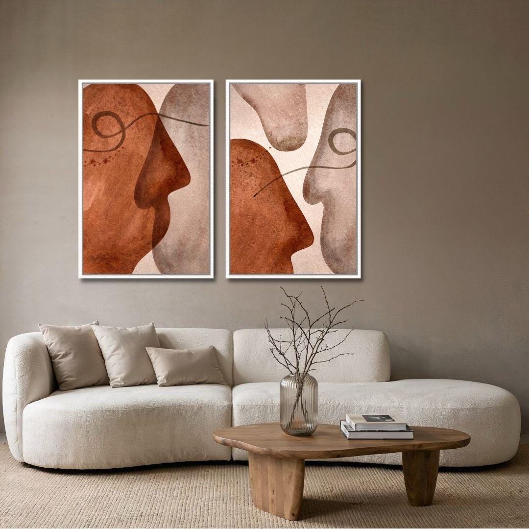 Diptych Mid Century Abstract Faces Wall Art - Set of 2