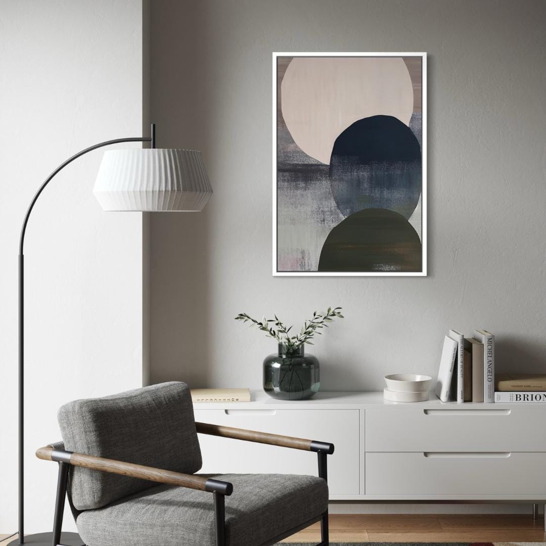 Minimal Layered Circles Abstract Wall Art, Neutral Modern Framed Canvas